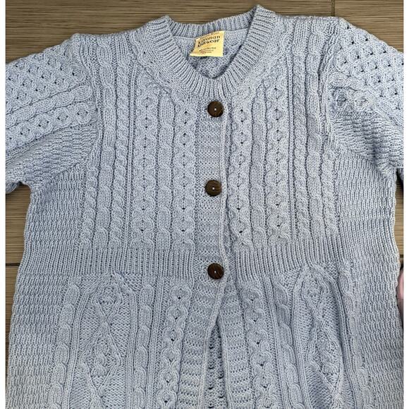 Kilronan Knitwear Ireland 100% Merino Wool Blue Cable Knit Long Sweater Size XL - Picture 2 of 5